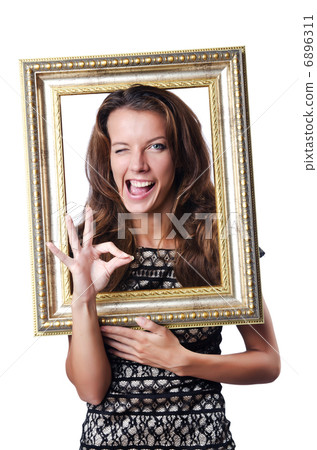 Young woman with picture frame on white 6896311