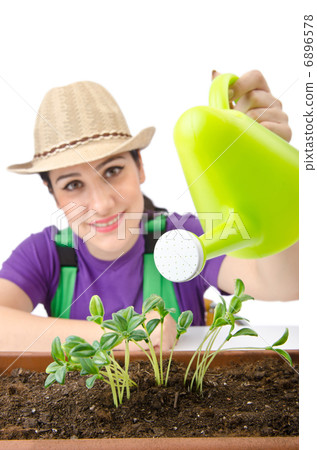 Girl watering plants on white Girl watering plants on white 6896578