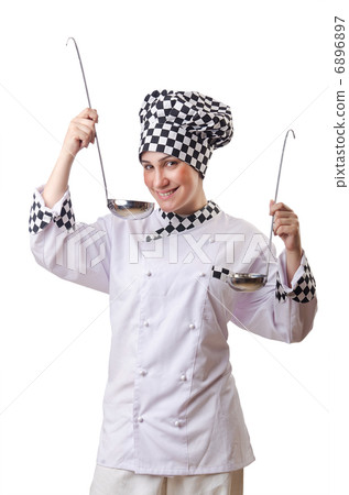Woman cook with ladle on white 6896897