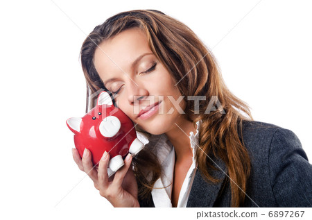 Woman with piggybank on white 6897267
