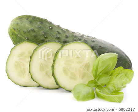 Sliced cucumber vegetable and basil leaves still life 6902217