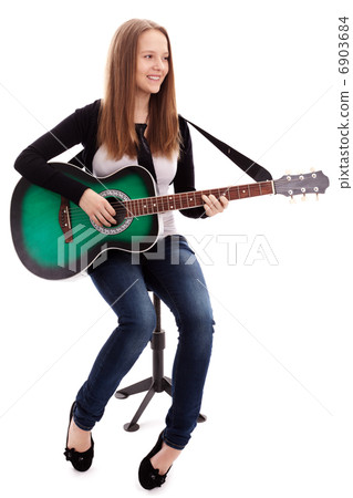 .Beautiful girl with guitar  on white background 6903684