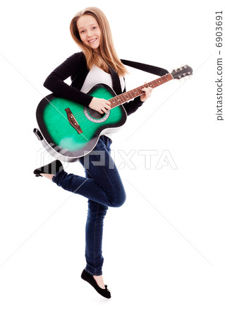 .Beautiful girl with guitar  on white background 6903691