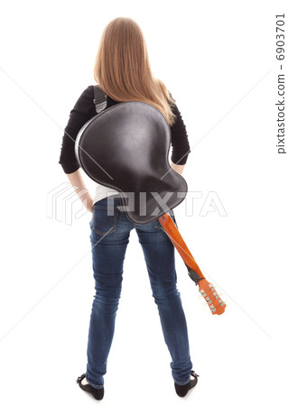 .Beautiful girl with guitar  on white background 6903701