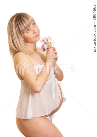 Young mother in white lingerie with flower isolated Young mother in white lingerie with flower isolated 6904662