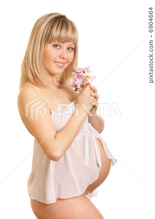 Young mother in white lingerie with flower isolated Young mother in white lingerie with flower isolated 6904664