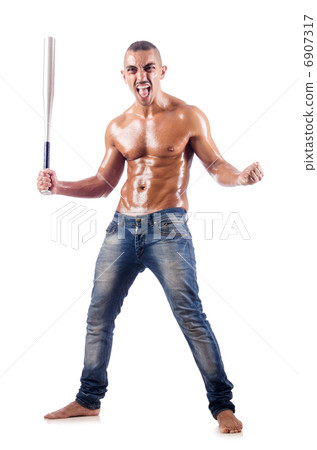 Muscular man with baseball bat on white 6907317