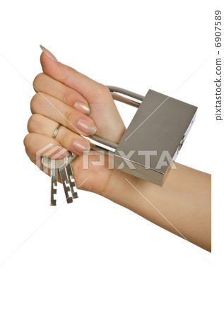 Hand with padlock isolated on white 6907589