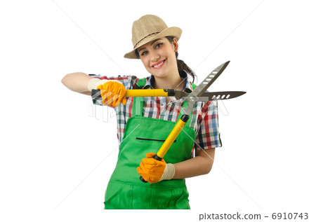 Girl with garden scissors on white 6910743