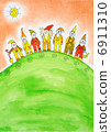Seven dwarfs, child's drawing, watercolor painting on paper 6911310