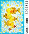 Group of gold fish, child's drawing, watercolor painting on paper 6911311