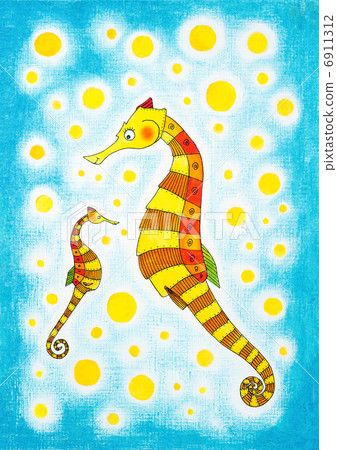 Seahorses, child's drawing, watercolor painting on paper Seahorses, child's drawing, watercolor painting on paper 6911312