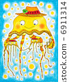 Jellyfish family, child's drawing, watercolor painting on paper 6911314