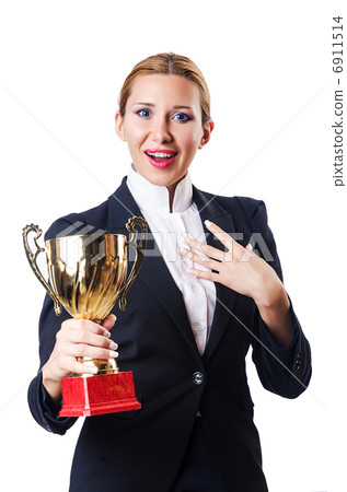 Businesswoman with prize on white 6911514