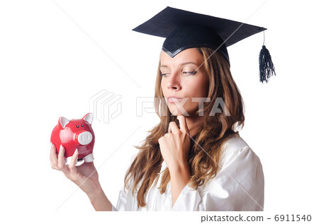 Student and piggy bank on white 6911540
