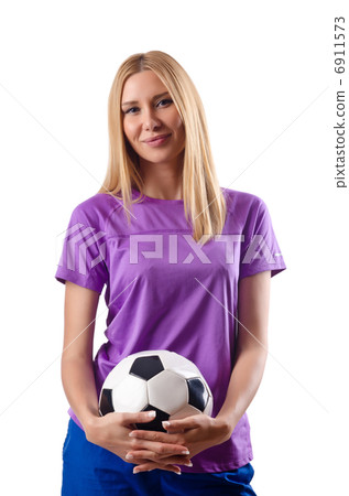 Woman playing football on white 6911573