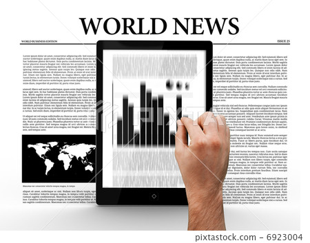 Hand scrolling through digital tablet showing graph 6923004