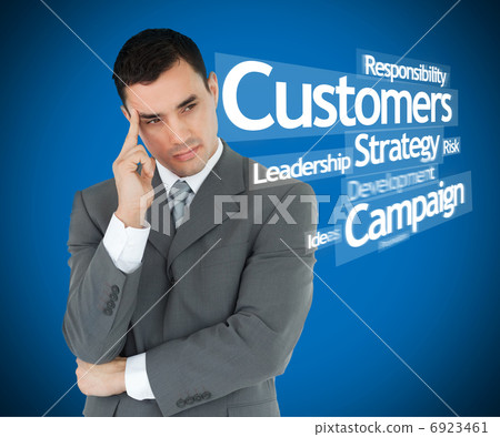 Businessman thinking with one hand on head Businessman thinking with one hand on head 6923461
