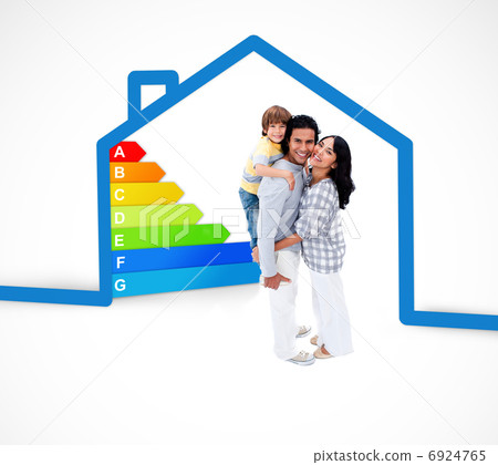 Smiling family standing with a blue house illustration with ener Smiling family standing with a blue house illustration with ener 6924765