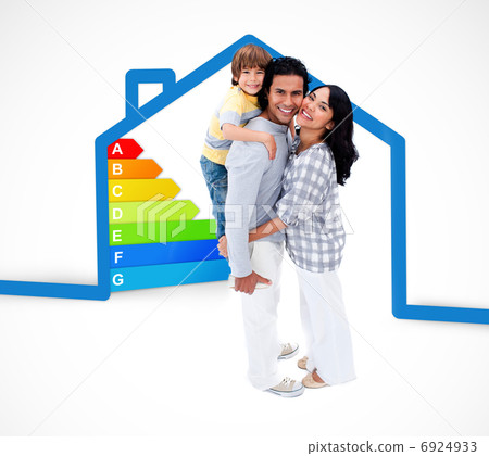 Smiling family standing with a blue house illustration with ener Smiling family standing with a blue house illustration with ener 6924933