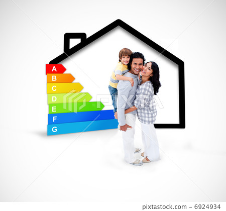 Smiling family standing with a black house illustration with ene Smiling family standing with a black house illustration with ene 6924934