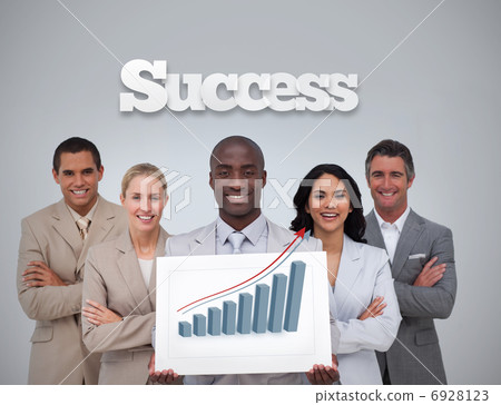 Happy businessman holding a panel showing graph Happy businessman holding a panel showing graph 6928123