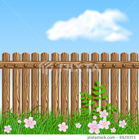 Wooden fence on green grass with flowers Wooden fence on green grass with flowers 6929355