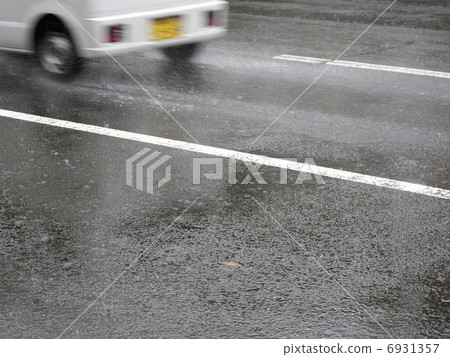 Splash of a car in rainy weather 6931357
