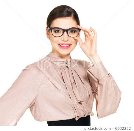 beautiful happy woman in glasses and  shirt with black skirt 6932232