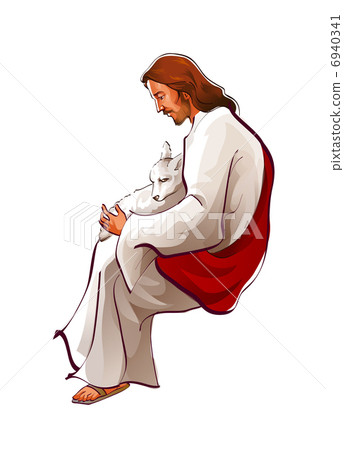 Side view of Jesus Christ sitting with sheep Side view of Jesus Christ sitting with sheep 6940341