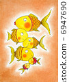 Group of gold fish, child's drawing, watercolor painting on paper 6947690
