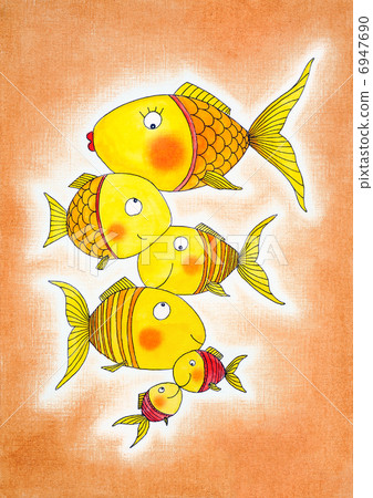 Group of gold fish, child's drawing, watercolor painting on paper Group of gold fish, child's drawing, watercolor painting on paper 6947690