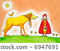 Little red riding hood, child's drawing, watercolor painting on paper 6947691