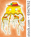 Jellyfish family, child's drawing, watercolor painting on paper 6947692