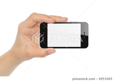 Hand holding smart phone . Hand holding smart phone . 6953405