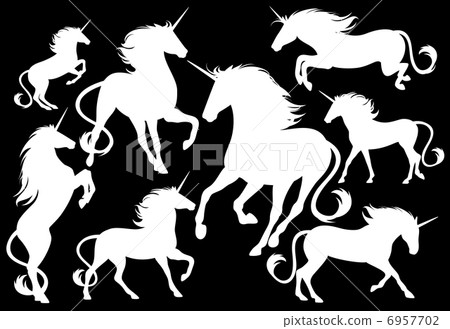 unicorns fine vector silhouettes - white outlines over black unicorns fine vector silhouettes - white outlines over black 6957702