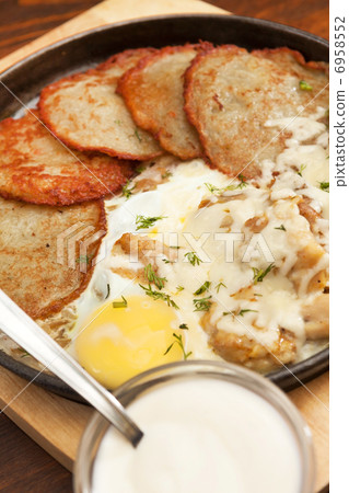 Sausages, Eggs and Potato Pancakes 6958552
