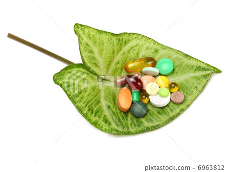 vitamins, tablets and pills on green leaf vitamins, tablets and pills on green leaf 6963812