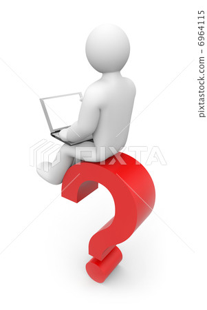 Person works on laptop, sitting on a question 6964115