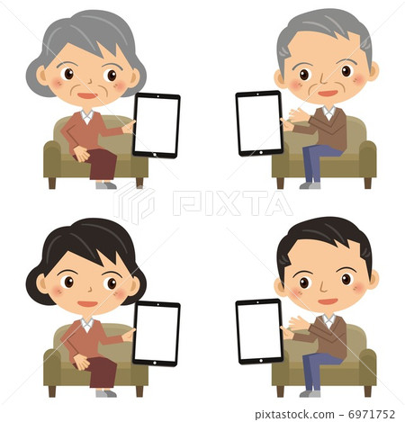 A senior couple and a young couple sitting on a sofa, both holding tablets. A senior couple and a young couple sitting on a sofa, both holding tablets. 6971752