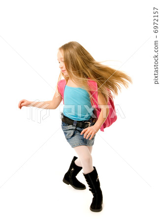 Running school girl with a pink backpack 6972157