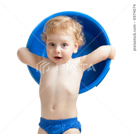 Happy kid with blue plastic bowl 6974074