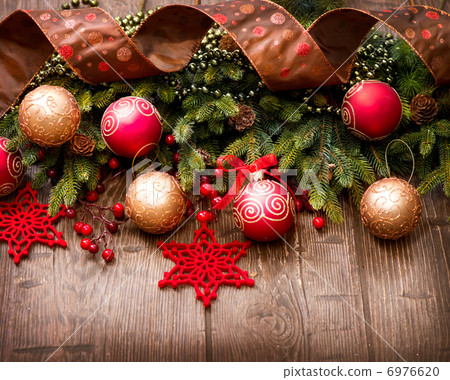 Christmas Over Wooden Background. Decorations over Wood Christmas Over Wooden Background. Decorations over Wood 6976620