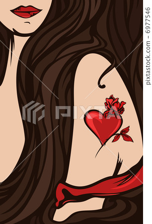 Valentines Day Theme vector illustration - beautiful girl with long hair and heart tattoo 6977546