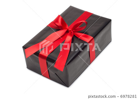 Black gift box with red satin ribbon and bow, over white background. Black gift box with red satin ribbon and bow, over white background. 6978281