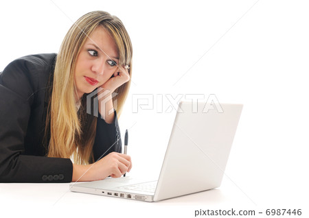 one young girl work on laptop isolated on white 6987446