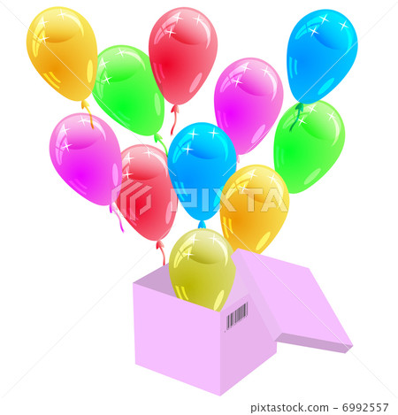 Glossy multicolored balloons flying out of the cardboard box. Ve 6992557