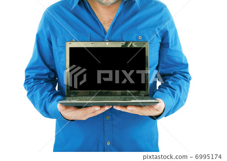 Businessman holding an open laptop. Isolated on white background 6995174