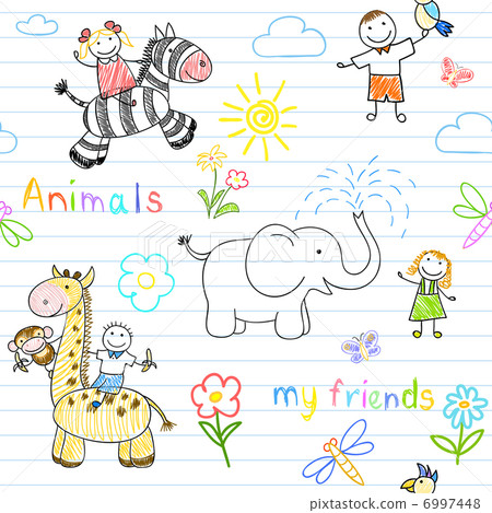 Seamless background with happy children's and animals 6997448