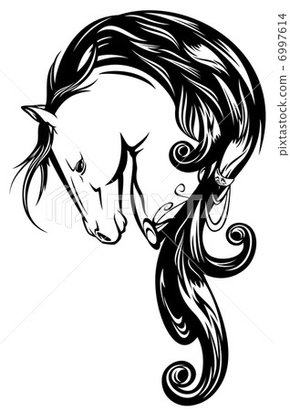 fairy tale horse with long mane - black and white vector outline fairy tale horse with long mane - black and white vector outline 6997614